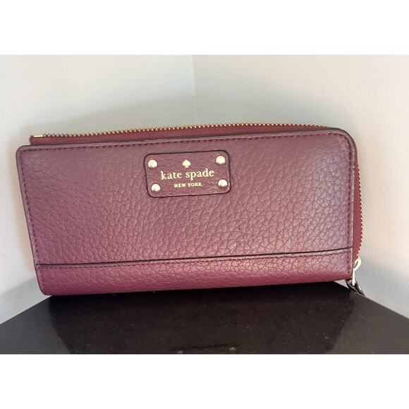 Kate Spade Pebbled Leather Zip Around Long Accordion Wallet Clutch Burgundy EUC - Picture 8 of 15